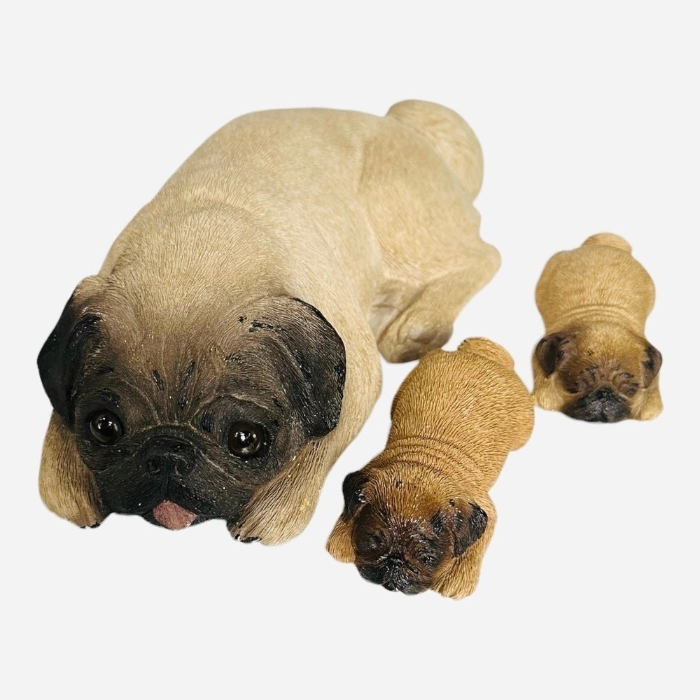 Dog Mate Momma Dog & Sleeping Puppies Figurine Sandcast Brown Black Pug Set VG - Picture 3 of 8